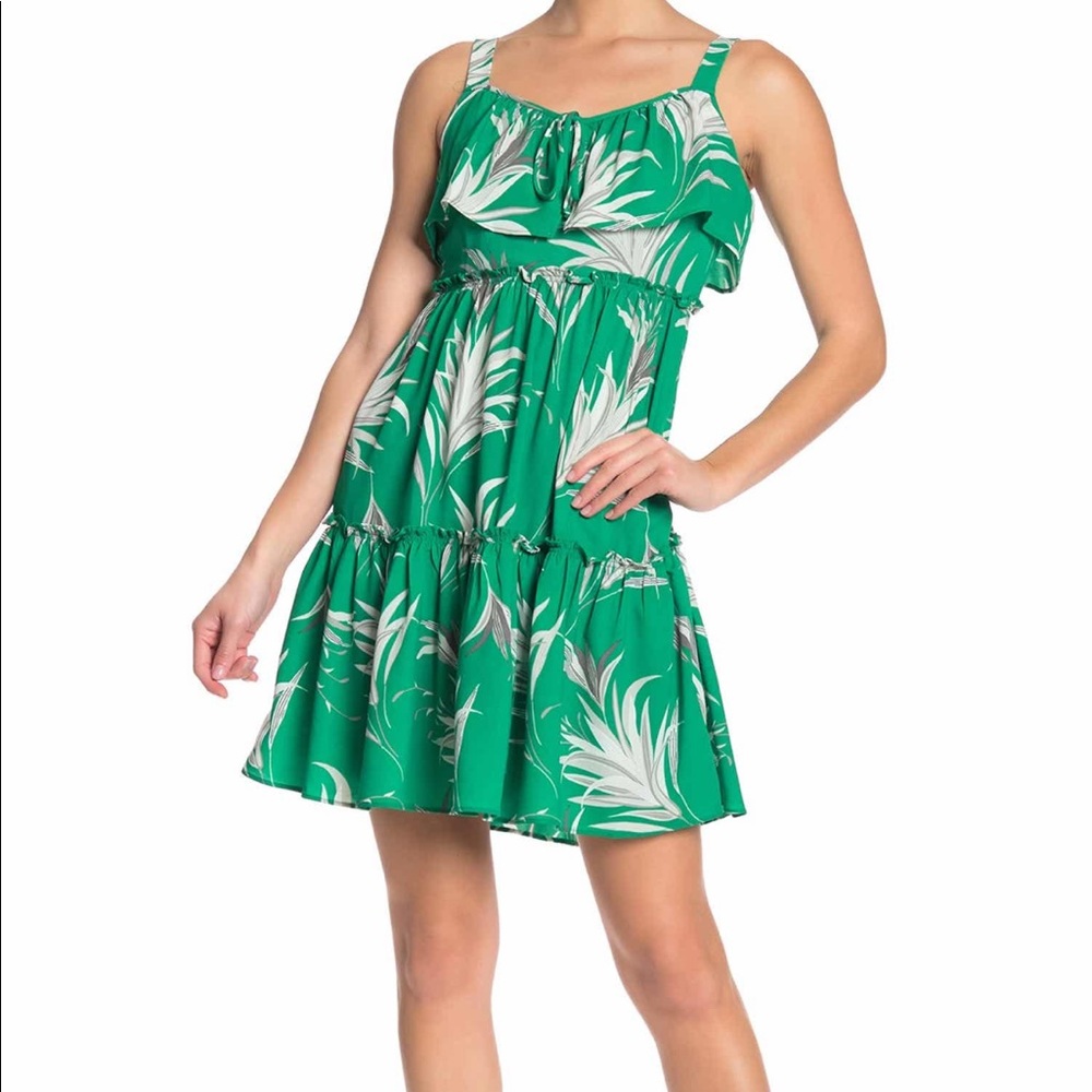 Taylor Kelly Green Palm Print Tiered Dress